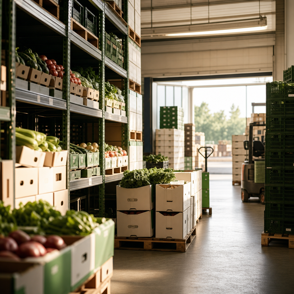 Organized wholesale distribution operation with labeled inventory and stacked produce