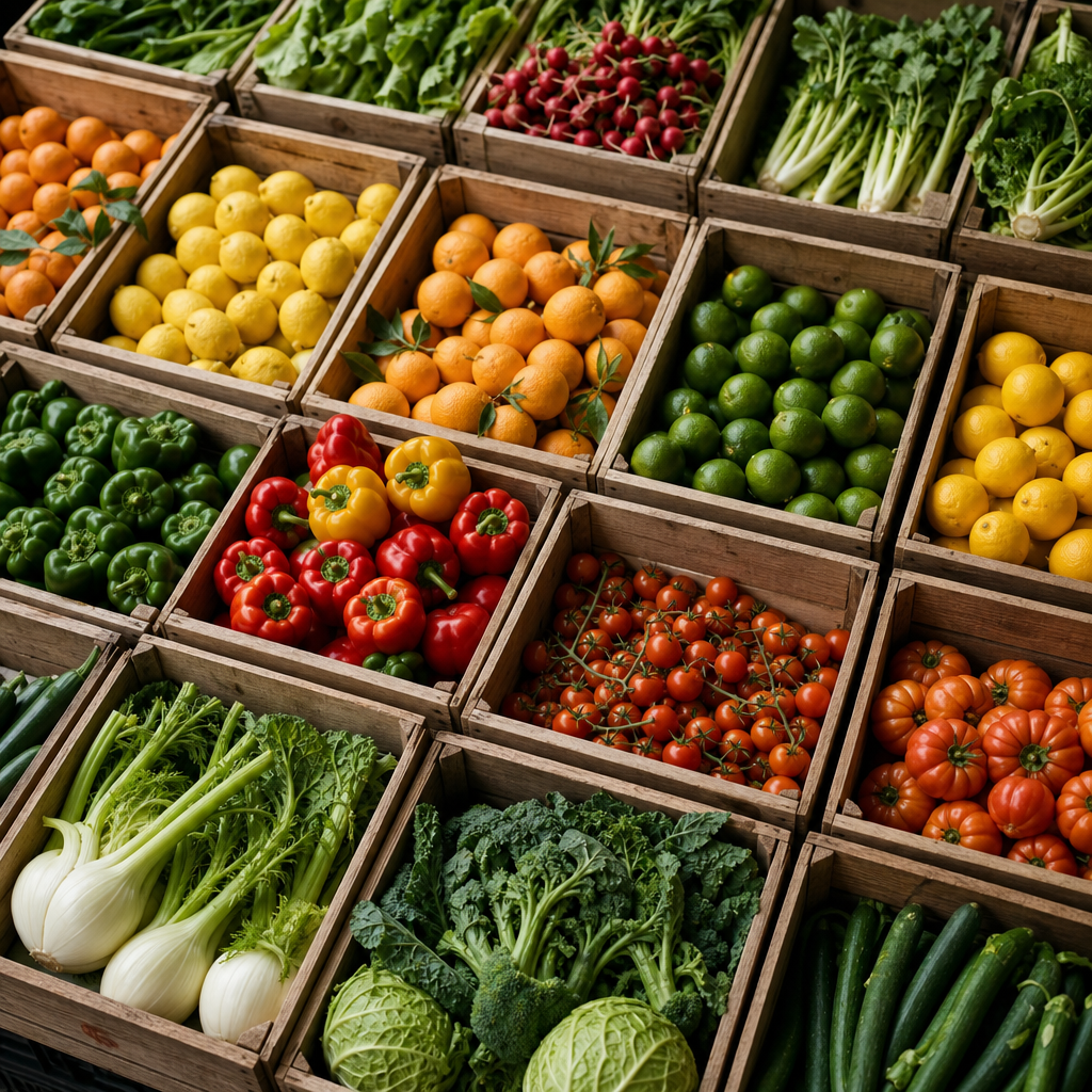 Neatly organized crates of fresh produce at a wholesale market